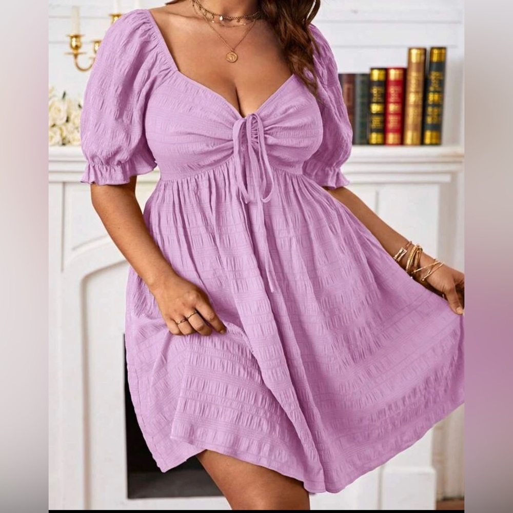 SHEIN Frenchy Plus Sweetheart Neck Puff Sleeve Knot Front Dress